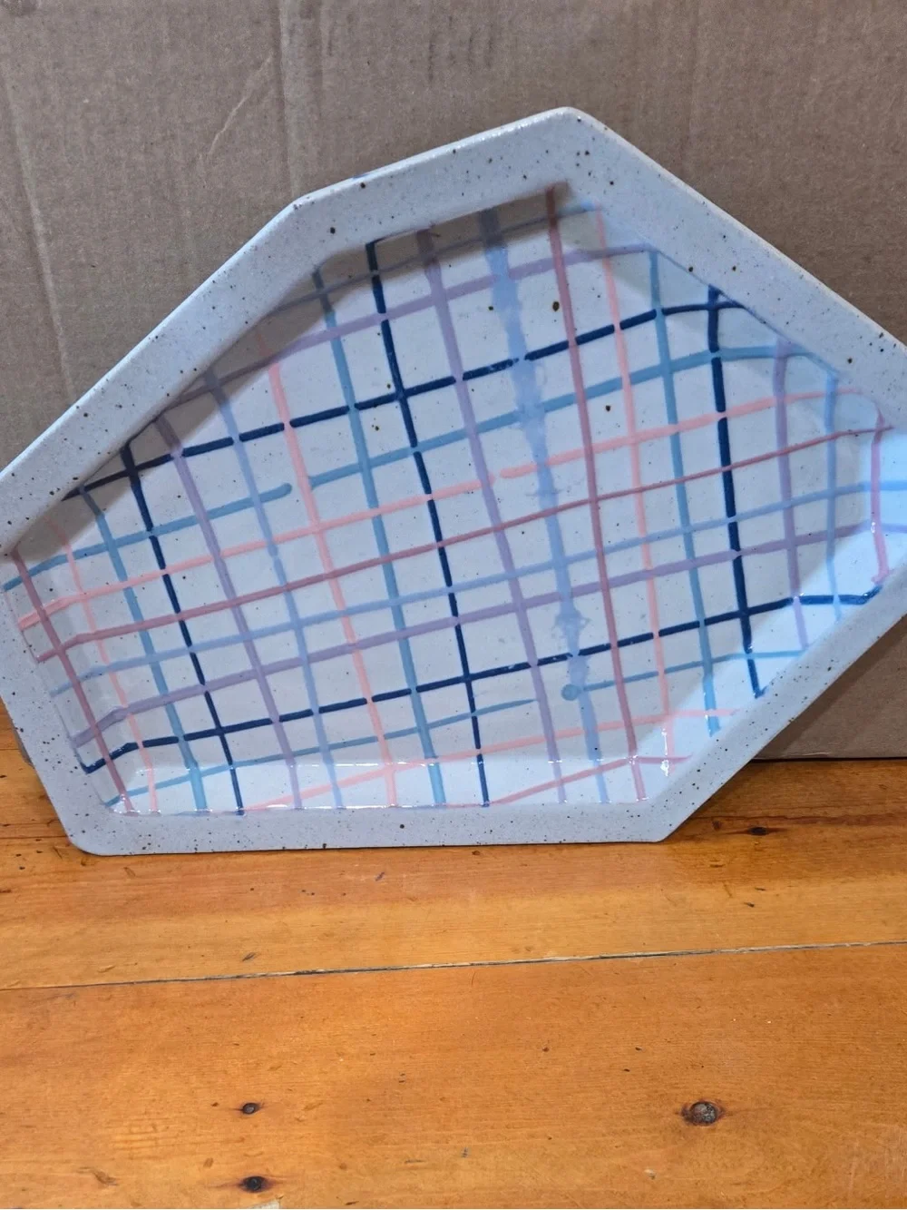 Geometric Hexagon Ceramic Tray with Pastel Grid